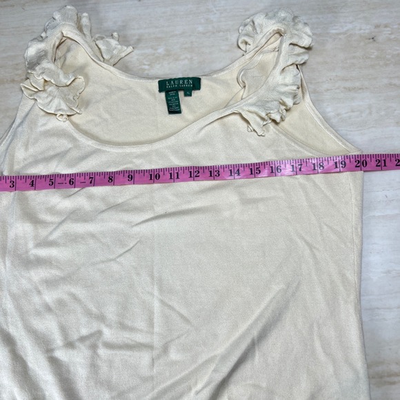 Lauren Ralph Lauren Cream Knit Tank Top Ruffle Shoulders XL Silk Blend - Picture 8 of 9